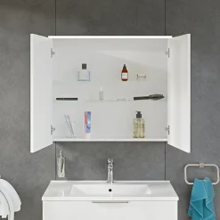 Armoire de toilette suspendue Blanc mat 80x18x70cm (LxPxH) 2 portes miroir, éclairage LED, tablettes en verre - SOLO