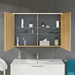 Armoire de toilette suspendue Anthracite mat 100x18x70cm (LxPxH) 2 portes miroir, éclairage LED, tablettes en verre - SOLO