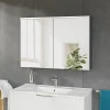 Armoire de toilette suspendue Chêne miel 100x18x70cm (LxPxH) 2 portes miroir, éclairage LED, tablettes en verre - SOLO