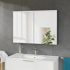 Armoire de toilette suspendue Chêne miel 100x18x70cm (LxPxH) 2 portes miroir, éclairage LED, tablettes en verre - SOLO
