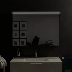 Armoire de toilette suspendue Chêne miel 100x18x70cm (LxPxH) 2 portes miroir, éclairage LED, tablettes en verre - SOLO