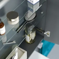 Armoire de toilette suspendue Chêne miel 100x18x70cm (LxPxH) 2 portes miroir, éclairage LED, tablettes en verre - SOLO