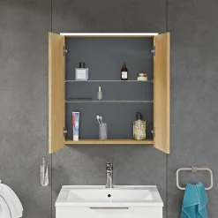 Armoire de toilette suspendue Chêne miel 60x18x70cm (LxPxH) 2 portes miroir, éclairage LED, tablettes en verre - SOLO