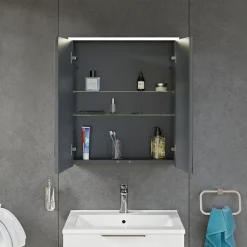 Armoire de toilette suspendue Anthracite mat 60x18x70cm (LxPxH) 2 portes miroir, éclairage LED, tablettes en verre - SOLO