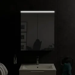 Armoire de toilette suspendue Anthracite mat 60x18x70cm (LxPxH) 2 portes miroir, éclairage LED, tablettes en verre - SOLO