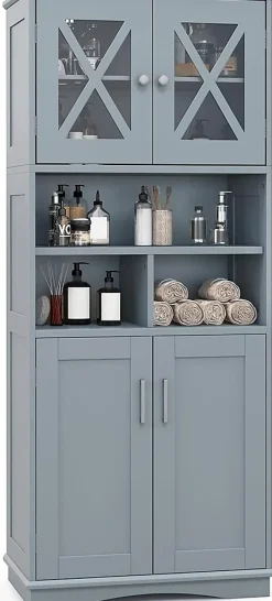Armoire Haute de Salle de Bain Armoire de Rangement Autoportante avec 2 Placards à Portes Étagères Réglables Gris