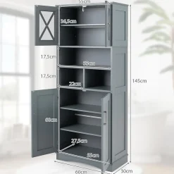 Armoire Haute de Salle de Bain Armoire de Rangement Autoportante avec 2 Placards à Portes Étagères Réglables Gris