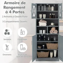 Armoire Haute de Salle de Bain Armoire de Rangement Autoportante avec 2 Placards à Portes Étagères Réglables Gris