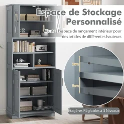Armoire Haute de Salle de Bain Armoire de Rangement Autoportante avec 2 Placards à Portes Étagères Réglables Gris