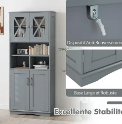 Armoire Haute de Salle de Bain Armoire de Rangement Autoportante avec 2 Placards à Portes Étagères Réglables Gris