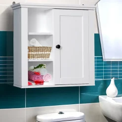 Armoire haute murale de salle de bain ou WC placard 1 porte 3 niches dim. 53L x 14,5l x 50,5H cm MDF panneaux particules blanc