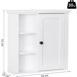 Armoire haute murale de salle de bain ou WC placard 1 porte 3 niches dim. 53L x 14,5l x 50,5H cm MDF panneaux particules blanc