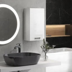 Armoire haute murale de salle de bain ou WC - placard porte 2 étagères - dim. 41L x 18l x 52H cm - MDF blanc mat laqué