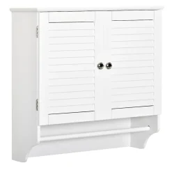Armoire haute murale salle de bain ou WC - placard 2 portes persiennes avec étagère - porte-serviette - MDF blanc