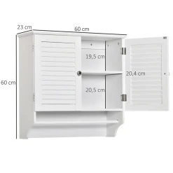 Armoire haute murale salle de bain ou WC - placard 2 portes persiennes avec étagère - porte-serviette - MDF blanc