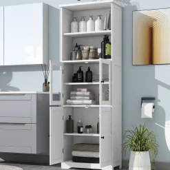 Armoire haute salle de bain, laquée avec porte vitrée et porte bois, 2 étagères ouvertes avec séparateurs réglables, blanc