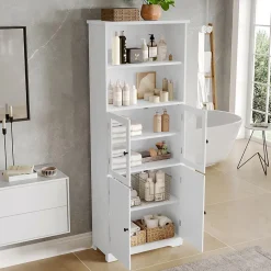 Armoire haute salle de bain, laquée avec porte vitrée et porte bois, 2 étagères ouvertes avec séparateurs réglables, blanc