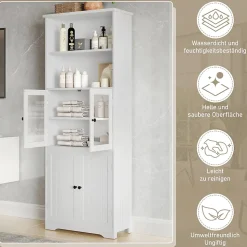 Armoire haute salle de bain, laquée avec porte vitrée et porte bois, 2 étagères ouvertes avec séparateurs réglables, blanc