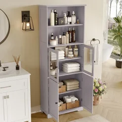 Armoire haute salle de bain, porte vitrée et porte bois, 2 étagères ouvertes avec séparateurs réglables, gris