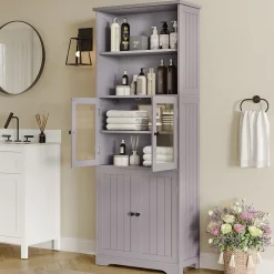 Armoire haute salle de bain, porte vitrée et porte bois, 2 étagères ouvertes avec séparateurs réglables, gris