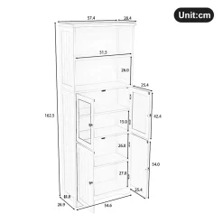Armoire haute salle de bain, porte vitrée et porte bois, 2 étagères ouvertes avec séparateurs réglables, gris