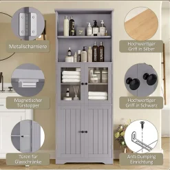 Armoire haute salle de bain, porte vitrée et porte bois, 2 étagères ouvertes avec séparateurs réglables, gris