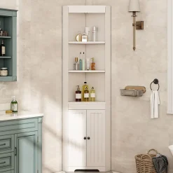 Armoire haute salle de bain blanche, 3 compartiments ouverts, portes à charnières résistantes à l'humidité, étagères coulissantes