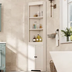 Armoire haute salle de bain blanche, 3 compartiments ouverts, portes à charnières résistantes à l'humidité, étagères coulissantes