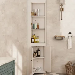 Armoire haute salle de bain blanche, 3 compartiments ouverts, portes à charnières résistantes à l'humidité, étagères coulissantes