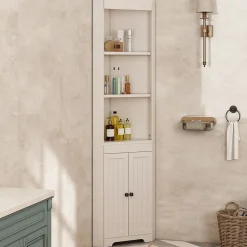 Armoire haute salle de bain blanche, 3 compartiments ouverts, portes à charnières résistantes à l'humidité, étagères coulissantes