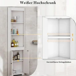 Armoire haute salle de bain blanche, 3 compartiments ouverts, portes à charnières résistantes à l'humidité, étagères coulissantes