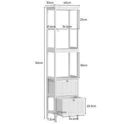 Armoire haute étroite blanche, meuble salle de bain autoportant avec 2 tiroirs et 3 étagères, colonne de rangement 40x30x160 cm