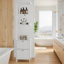 Armoire haute étroite blanche, meuble salle de bain autoportant avec 2 tiroirs et 3 étagères, colonne de rangement 40x30x160 cm