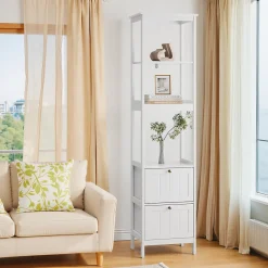 Armoire haute étroite blanche, meuble salle de bain autoportant avec 2 tiroirs et 3 étagères, colonne de rangement 40x30x160 cm