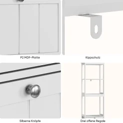 Armoire haute étroite blanche, meuble salle de bain autoportant avec 2 tiroirs et 3 étagères, colonne de rangement 40x30x160 cm