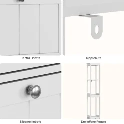 Armoire haute étroite, meuble salle de bain autoportant avec 2 tiroirs et 3 étagères, colonne de rangement, Blanc