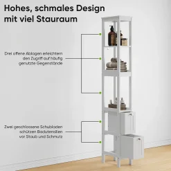 Armoire haute étroite, meuble salle de bain autoportant avec 2 tiroirs et 3 étagères, colonne de rangement, Blanc