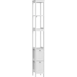 Armoire haute étroite, meuble salle de bain autoportant avec 2 tiroirs et 3 étagères, colonne de rangement, Blanc
