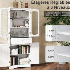 Armoire Hautede Salle de Bain 160 CM Portes en Verre Trempé Étagères Réglables Grand Tiroir
