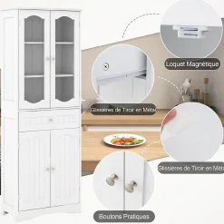 Armoire Hautede Salle de Bain 160 CM Portes en Verre Trempé Étagères Réglables Grand Tiroir