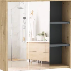 Armoire miroir de salle de bain - 2 portes, étagère, 3 niches - dim. 60 x 20 x 60 cm - effet bois clair naturel