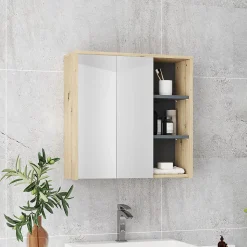 Armoire miroir de salle de bain - 2 portes, étagère, 3 niches - dim. 60 x 20 x 60 cm - effet bois clair naturel