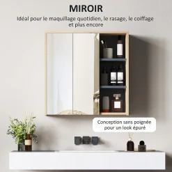 Armoire miroir de salle de bain - 2 portes, étagère, 3 niches - dim. 60 x 20 x 60 cm - effet bois clair naturel