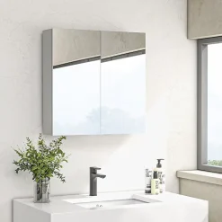 Armoire miroir de salle de bain armoire murale double portes et étagères dim. 60L x 15l x 60H cm MDF blanc