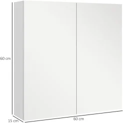 Armoire miroir de salle de bain armoire murale double portes et étagères dim. 60L x 15l x 60H cm MDF blanc