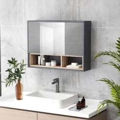 Armoire miroir de salle de bain - 3 portes, 3 étagères, 2 niches - dim. 80 x 20 x 60 cm - gris effet bois clair naturel