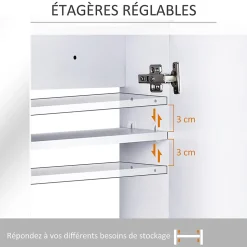 Armoire miroir de salle de bain armoire murale double portes et étagères dim. 80L x 15l x 60H cm MDF blanc