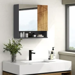 Armoire miroir de salle de bain - 2 portes, 2 étagères, niche - anthracite aspect bois
