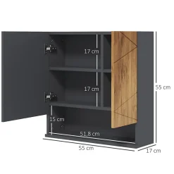 Armoire miroir de salle de bain - 2 portes, 2 étagères, niche - anthracite aspect bois