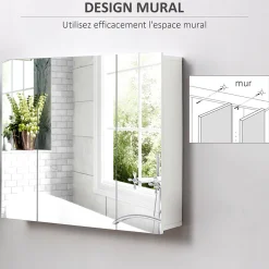 Armoire miroir de salle de bain armoire murale 3 portes 2 étagères dim. 70L x 15l x 60H cm MDF blanc